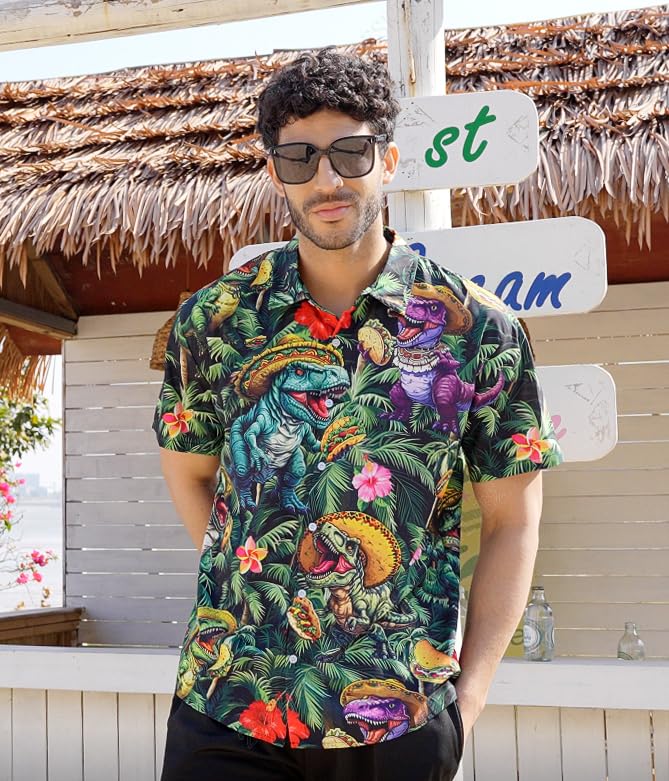 RAISEVERN Mens Hawaiian Button Down Short Sleeve Funny Colorful Dinosaur Pancake Beach Party Tropical Holiday Casual Shirts - Image 2