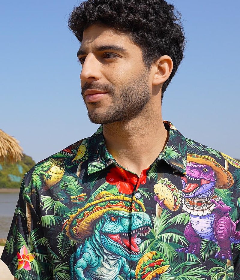 RAISEVERN Mens Hawaiian Button Down Short Sleeve Funny Colorful Dinosaur Pancake Beach Party Tropical Holiday Casual Shirts - Image 3