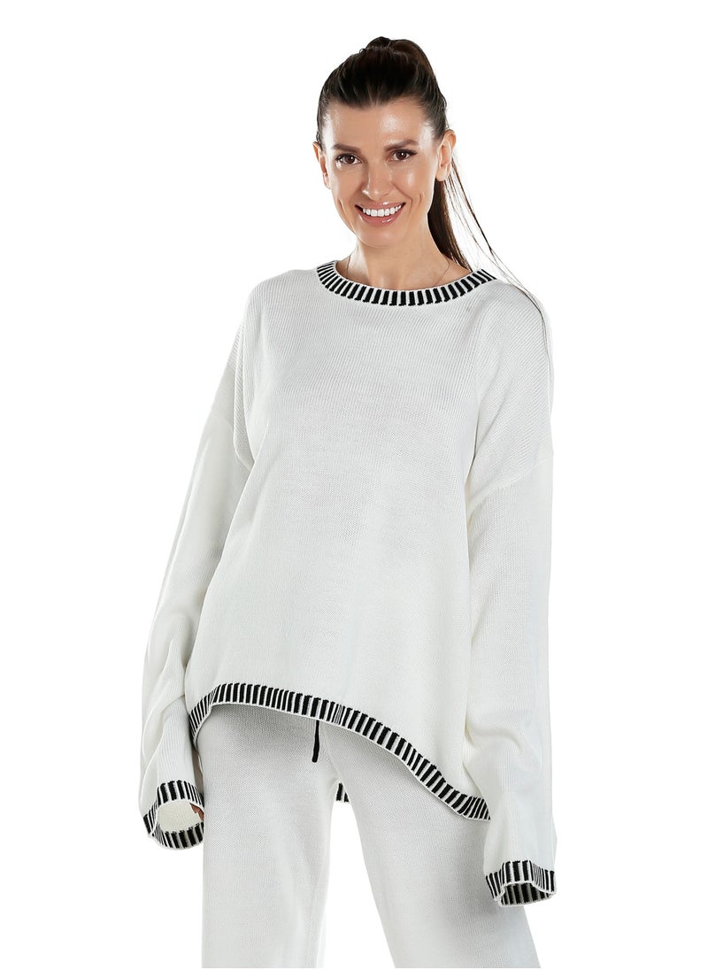 London Rag Contrast Stitch Detail Knit Sweater Jumper in Cream  - Image 1