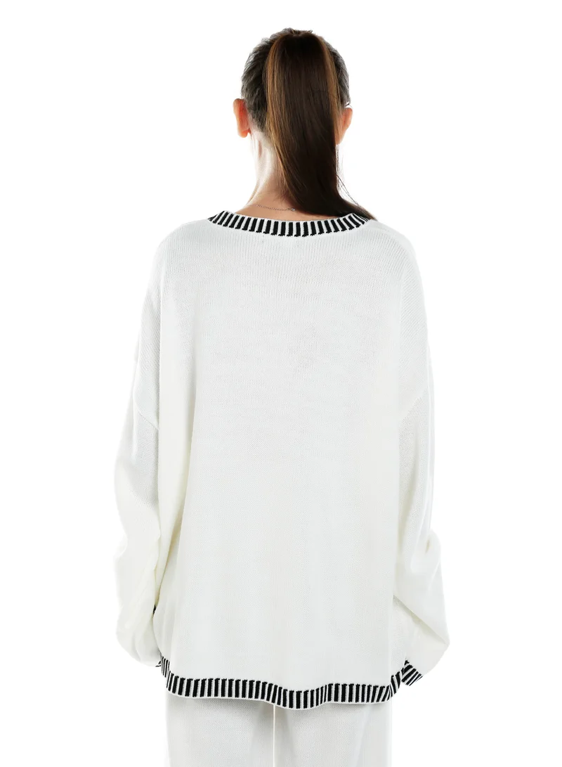London Rag Contrast Stitch Detail Knit Sweater Jumper in Cream