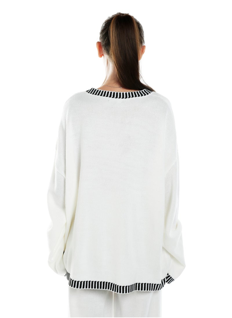 London Rag Contrast Stitch Detail Knit Sweater Jumper in Cream  - Image 3