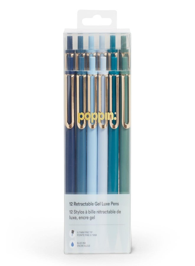 Poppin Stylish Retractable Gel Pens - Fine Point, 0.7mm Tip Pens for Journaling, 12 Pack of Assorted Blues with Blue Ink - Image 1