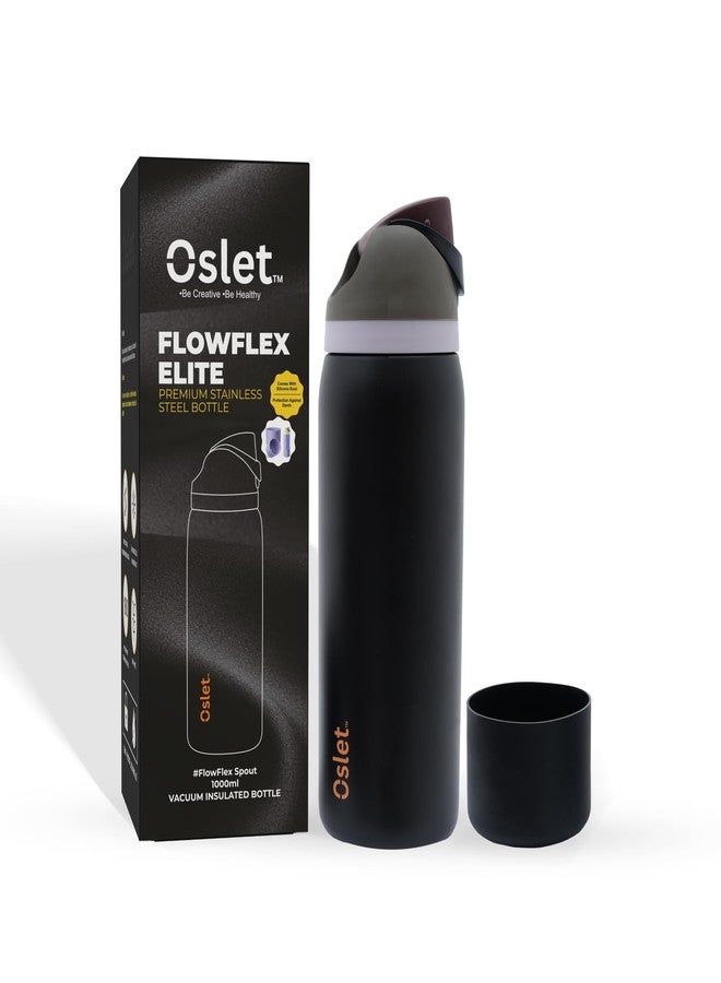 OSLET FlowFlex Elite Premium 18/8 PRO Grade Stainless Steel Vacuum Insulated Hot & Cold Water Bottle with 2-in-1 Sip & Chug Spout, Soft Silicone Lid & Free Anti-DENT Boot, BPA-Free, Luxe Black, 1LTR - Image 1