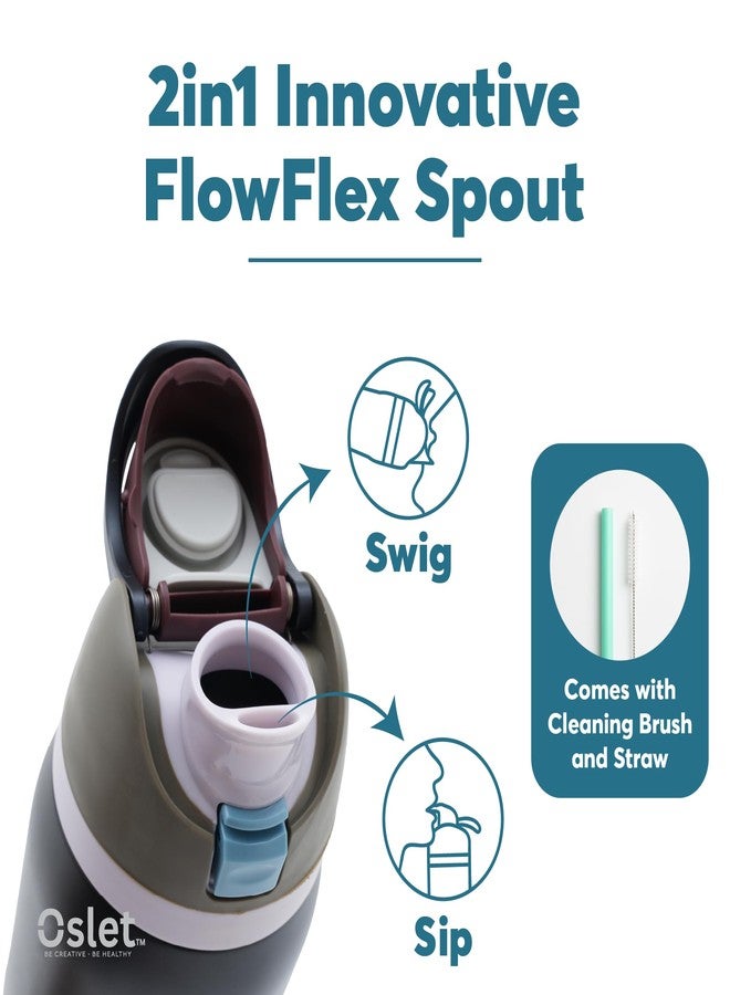 OSLET FlowFlex Elite Premium 18/8 PRO Grade Stainless Steel Vacuum Insulated Hot & Cold Water Bottle with 2-in-1 Sip & Chug Spout, Soft Silicone Lid & Free Anti-DENT Boot, BPA-Free, Luxe Black, 1LTR - Image 2