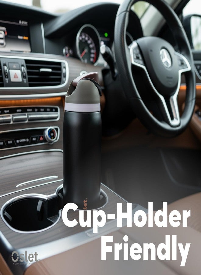 OSLET FlowFlex Elite Premium 18/8 PRO Grade Stainless Steel Vacuum Insulated Hot & Cold Water Bottle with 2-in-1 Sip & Chug Spout, Soft Silicone Lid & Free Anti-DENT Boot, BPA-Free, Luxe Black, 1LTR - Image 5