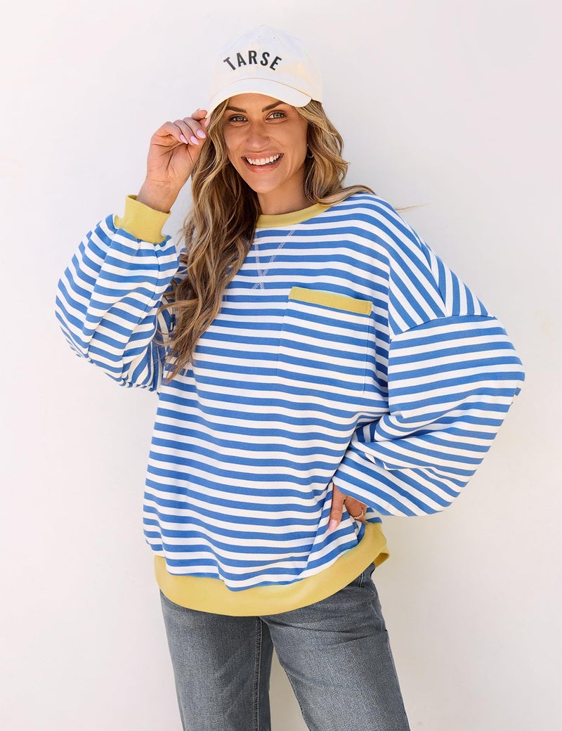 TARSE Trendy Summer Sweatshirt for Women Lightweight Blue and White Striped Crewneck Cozy - Image 2