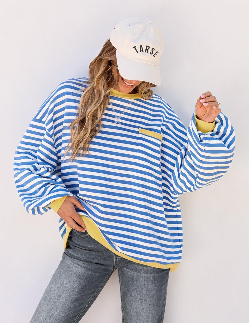 TARSE Trendy Summer Sweatshirt for Women Lightweight Blue and White Striped Crewneck Cozy - Image 3