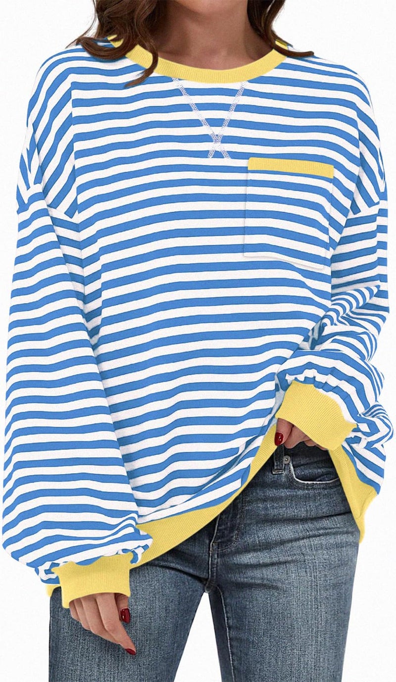 TARSE Trendy Summer Sweatshirt for Women Lightweight Blue and White Striped Crewneck Cozy - Image 1
