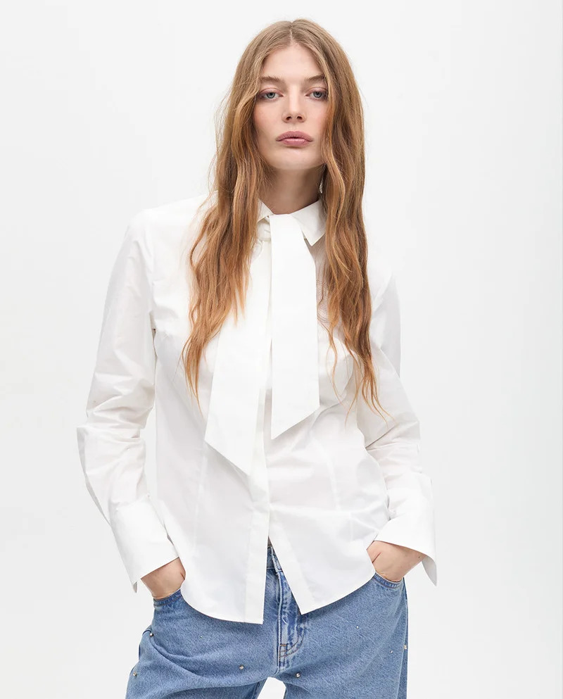 Lola Casademunt Fitted Poplin Shirt with Removable Bow Tie and Laser Cut Logo