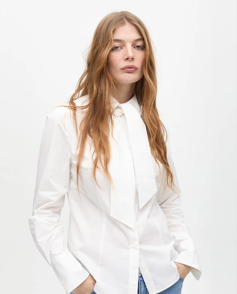 Lola Casademunt Fitted Poplin Shirt with Removable Bow Tie and Laser Cut Logo