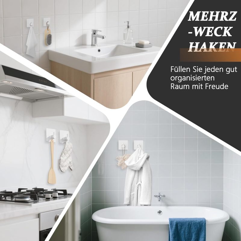 Self Adhesive Towel Holder: 10-Piece White ABS Material, 8kg Load Capacity, No-Drill Waterproof Strong Adhesive Hooks - Rent Friendly Removable Design, Easy Install Sticky Hooks for Bathroom Kitchen H - Image 5