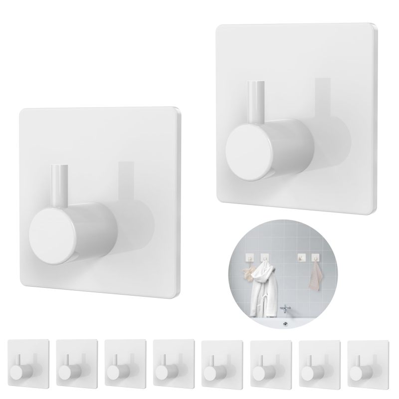 Self Adhesive Towel Holder: 10-Piece White ABS Material, 8kg Load Capacity, No-Drill Waterproof Strong Adhesive Hooks - Rent Friendly Removable Design, Easy Install Sticky Hooks for Bathroom Kitchen H - Image 1