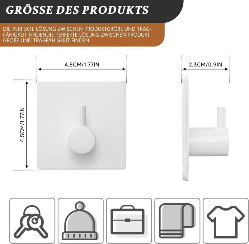 Self Adhesive Towel Holder: 10-Piece White ABS Material, 8kg Load Capacity, No-Drill Waterproof Strong Adhesive Hooks - Rent Friendly Removable Design, Easy Install Sticky Hooks for Bathroom Kitchen H - Image 3