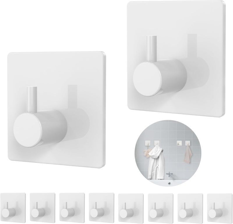 Self Adhesive Towel Holder: 10-Piece White ABS Material, 8kg Load Capacity, No-Drill Waterproof Strong Adhesive Hooks - Rent Friendly Removable Design, Easy Install Sticky Hooks for Bathroom Kitchen H - Image 2