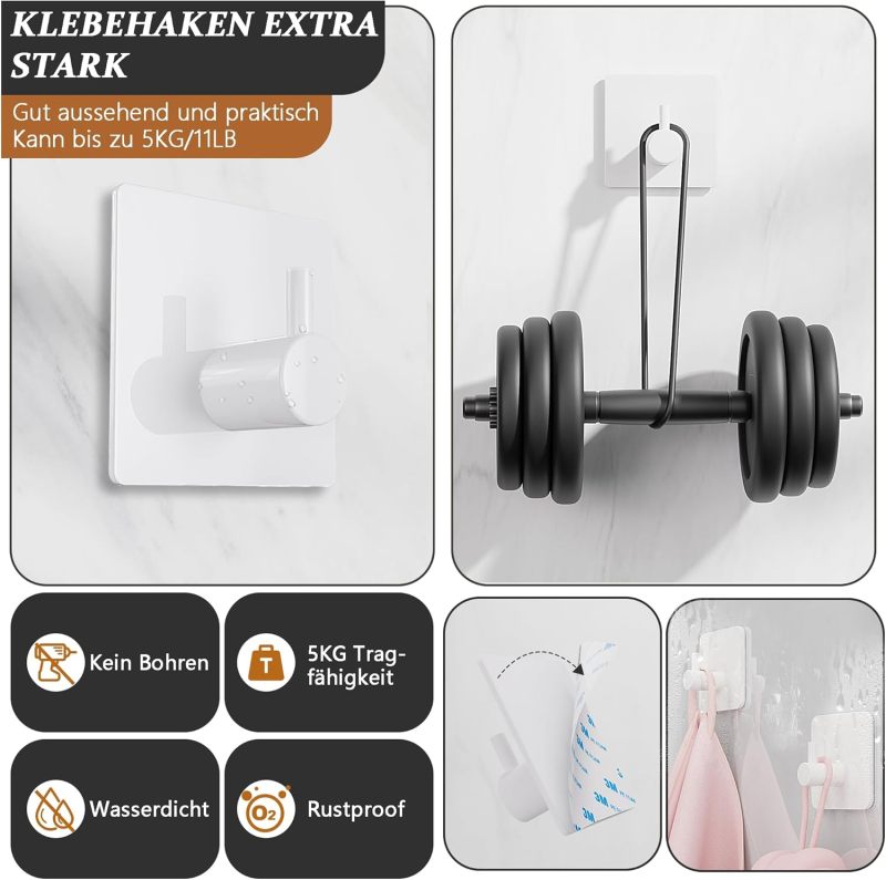 Self Adhesive Towel Holder: 10-Piece White ABS Material, 8kg Load Capacity, No-Drill Waterproof Strong Adhesive Hooks - Rent Friendly Removable Design, Easy Install Sticky Hooks for Bathroom Kitchen H - Image 4