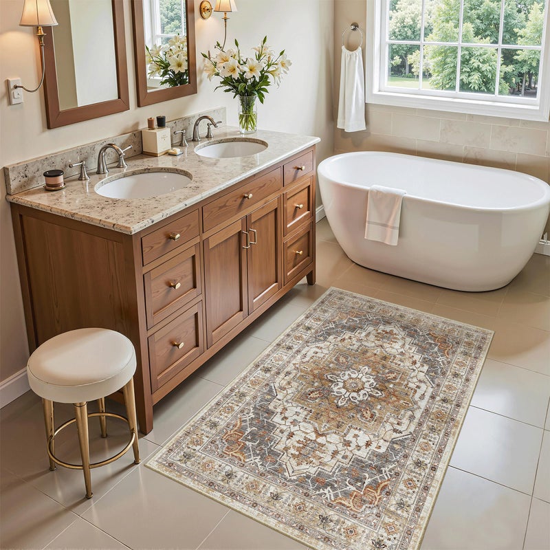 Madane Washable Area Rug 2x3, Small Entryway Rug Non-Slip Vintage Door Mat Indoor Entrance, Low Pile Floor Carpet for Inside Front Door Bedroom Kitchen Entry Laundry (2'x3', Turmeric/Grey) - Image 4