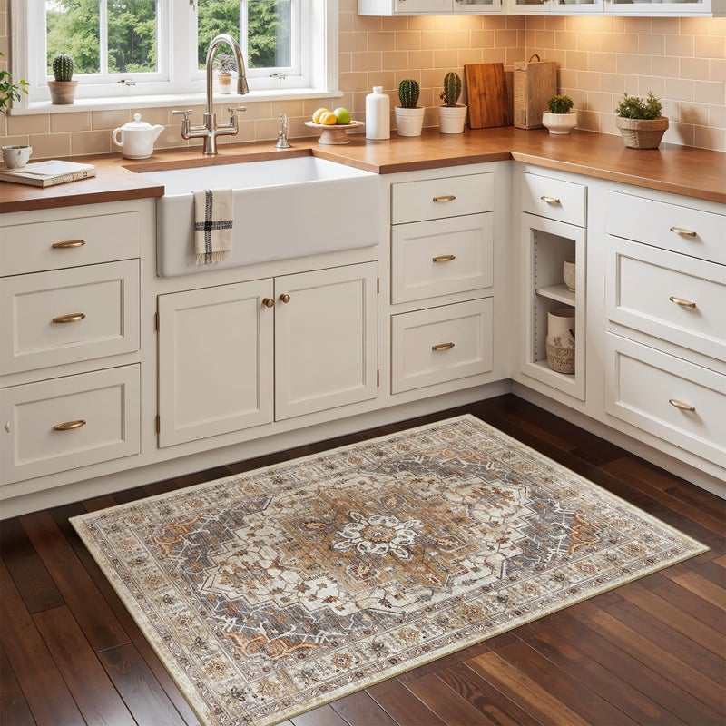 Madane Washable Area Rug 2x3, Small Entryway Rug Non-Slip Vintage Door Mat Indoor Entrance, Low Pile Floor Carpet for Inside Front Door Bedroom Kitchen Entry Laundry (2'x3', Turmeric/Grey) - Image 3