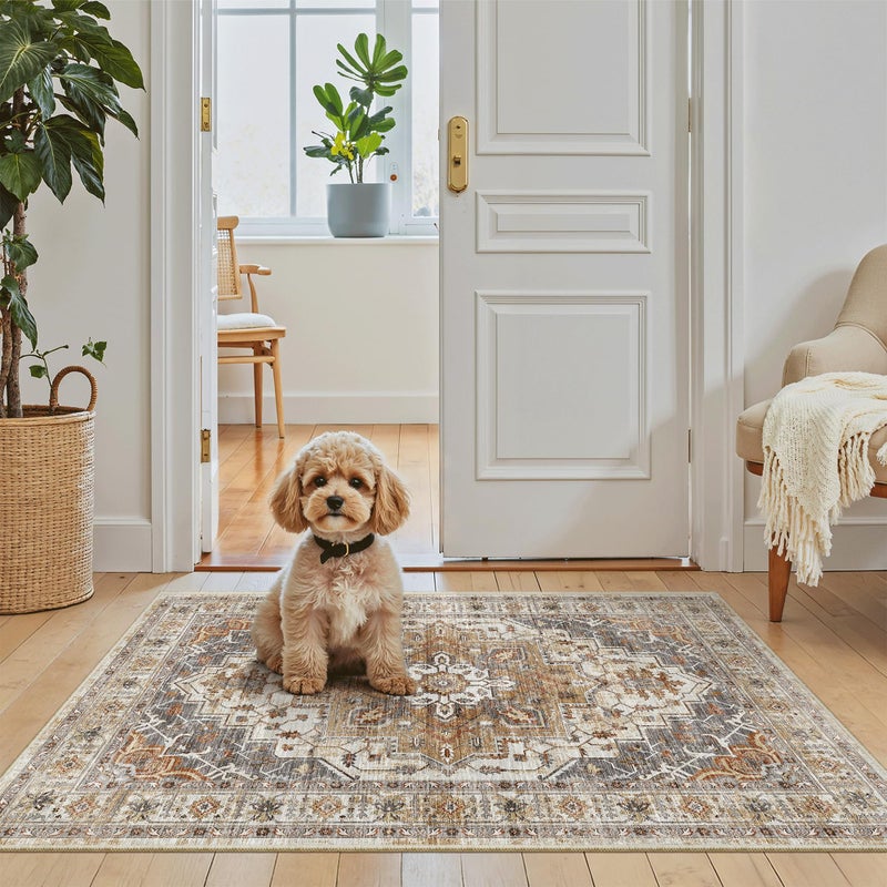 Madane Washable Area Rug 2x3, Small Entryway Rug Non-Slip Vintage Door Mat Indoor Entrance, Low Pile Floor Carpet for Inside Front Door Bedroom Kitchen Entry Laundry (2'x3', Turmeric/Grey) - Image 1