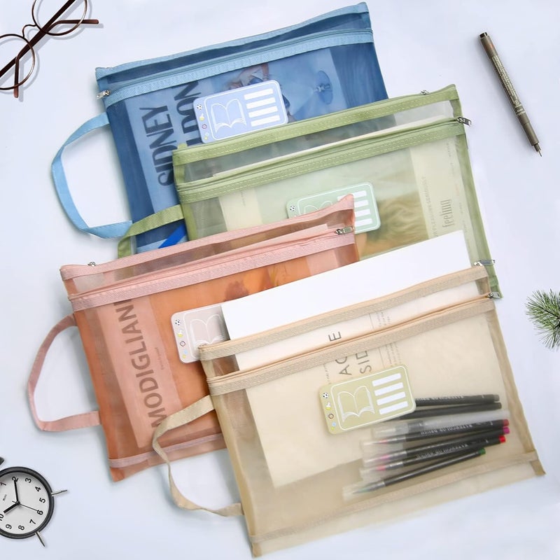 Excefore Mesh Zipper Pouch Zipper Bags, 5 Pack Double-Layer Large Size Folders With Handle, Clear Pencil Pouch Information Textbook Storage Bag, Zipper File Bags For Office Supplies For School Student - Image 3