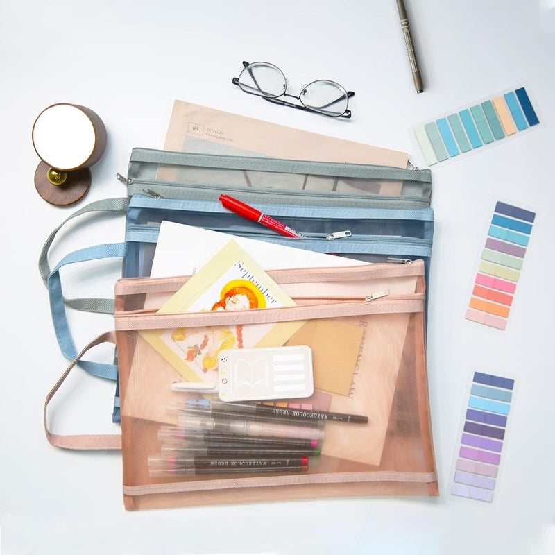 Excefore Mesh Zipper Pouch Zipper Bags, 5 Pack Double-Layer Large Size Folders With Handle, Clear Pencil Pouch Information Textbook Storage Bag, Zipper File Bags For Office Supplies For School Student - Image 2