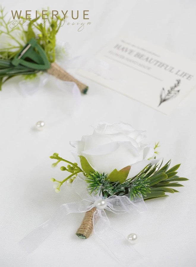 WEIERYUE White Rose Wrist Flowers and Men's Corsage Wedding Flowers Ceremony,2Pcs Boutonniere Buttonholes and Wrist Corsage Wristband Roses Wrist Corsage (2pcs White Corsages) - Image 2