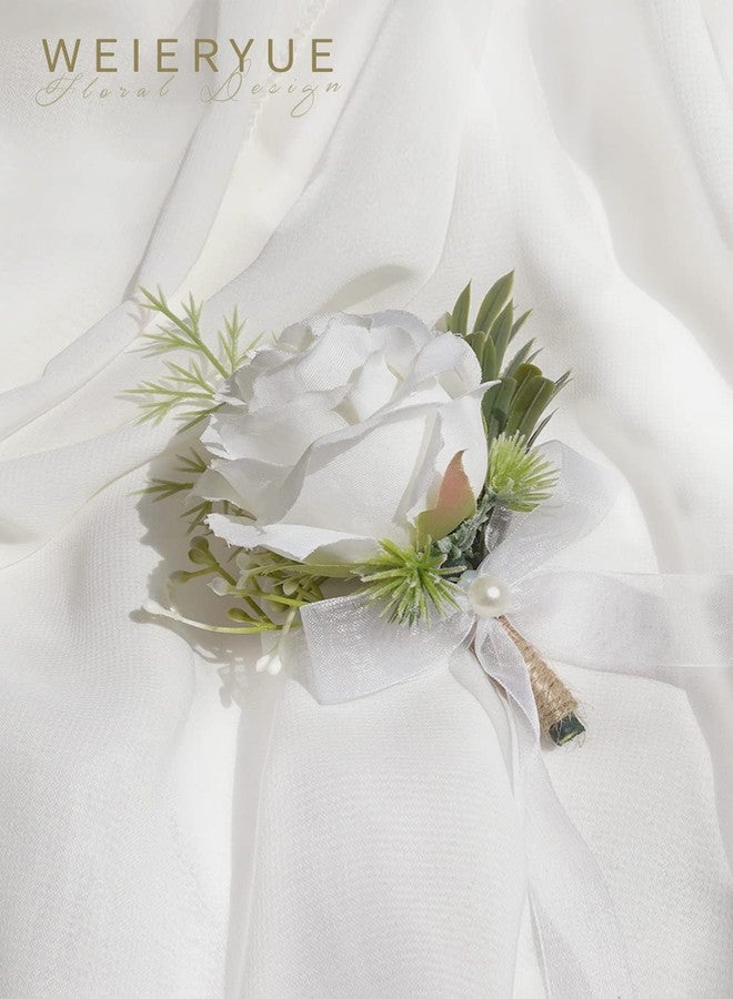 WEIERYUE White Rose Wrist Flowers and Men's Corsage Wedding Flowers Ceremony,2Pcs Boutonniere Buttonholes and Wrist Corsage Wristband Roses Wrist Corsage (2pcs White Corsages) - Image 4