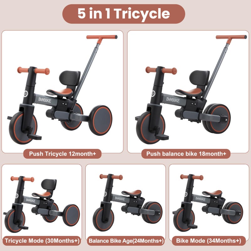 Bobike 5-in-1 Tricycle for Toddlers 18 Months to 5 Years Old, Toddler Bike, Kids Tricycle with Push Handle and Backrest, Toddler Balance Bike with Easy Assembly for Boys and Girls. (Grey) - Image 2