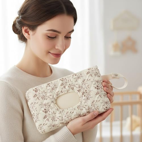 BBIQI Quilted Baby Wipe Holder Quilted Wipe Pouch Portable Hanging Floral Wet Wipes Bag for Car, Stroller - Image 4