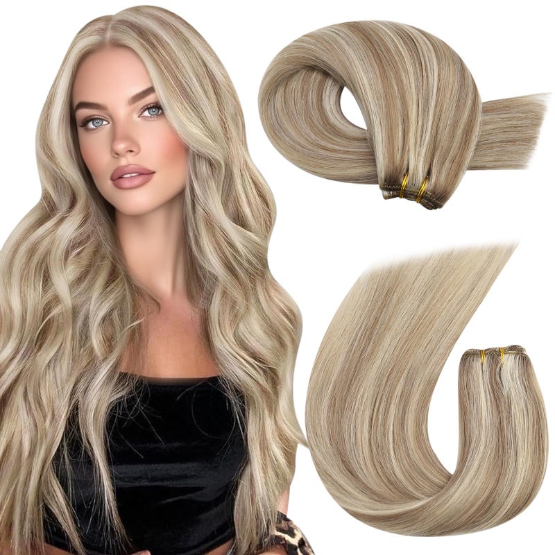 Moresoo Sew in Hair Extensions Real Human Hair Remy Straight Weft Hair Extensions Human Hair Light Brown Highlighted with Blonde 100g 18 Inch - Image 1
