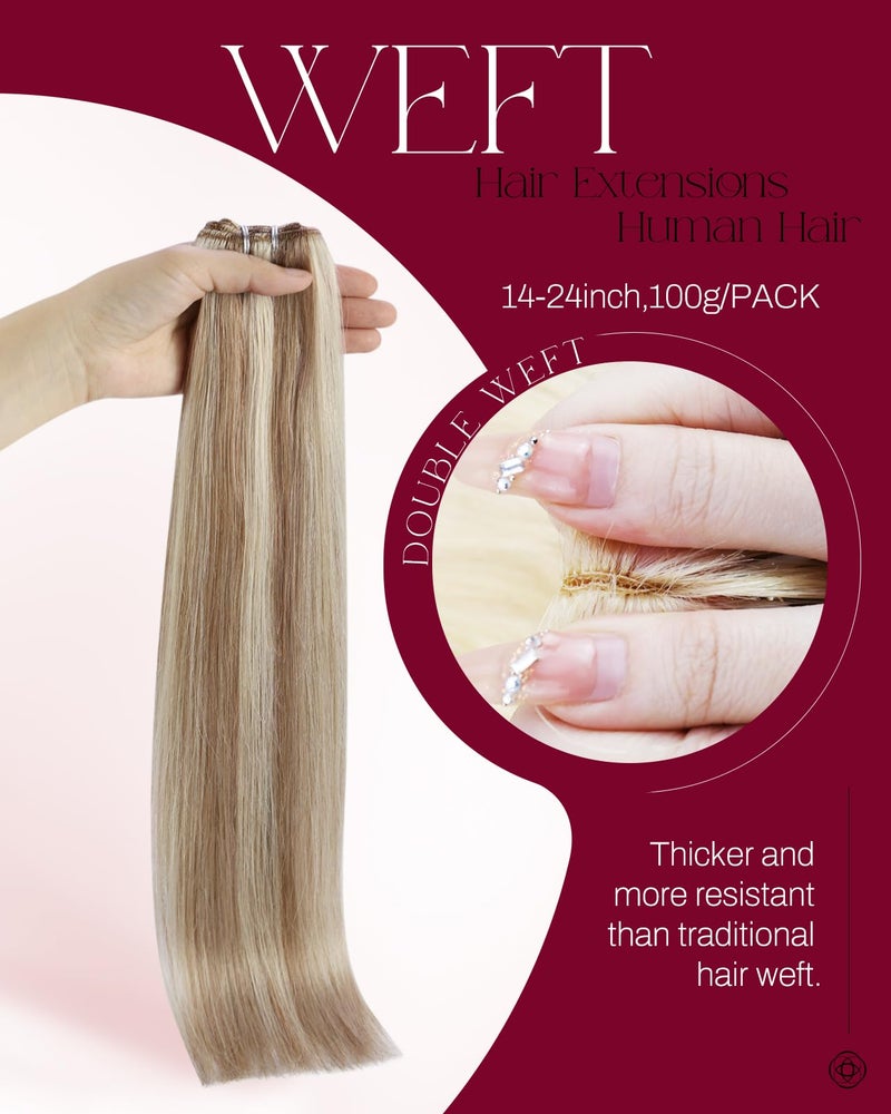 Moresoo Sew in Hair Extensions Real Human Hair Remy Straight Weft Hair Extensions Human Hair Light Brown Highlighted with Blonde 100g 18 Inch - Image 2