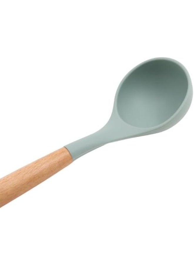 مغرفة تقديم سيليكون للمطبخ بمقبض خشبي، لون أخضر فاتح - Image 3