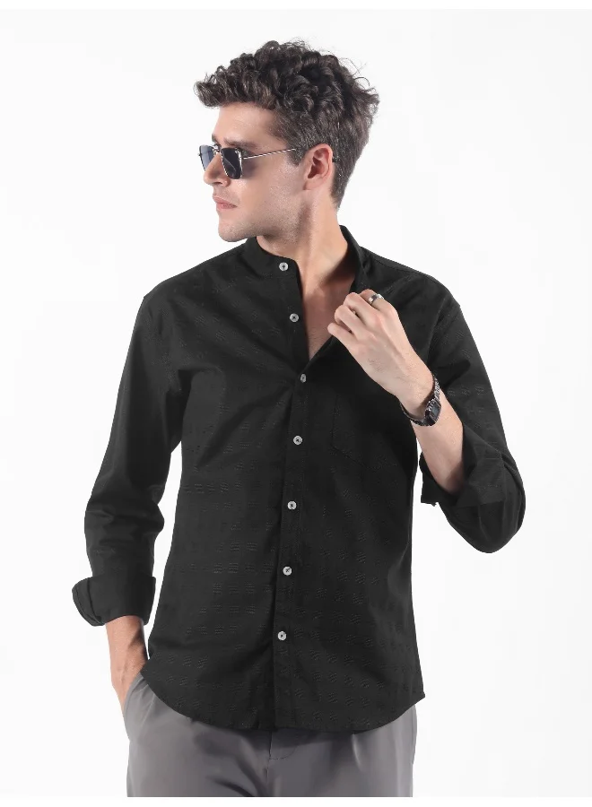 Beyoung Black Mandarin Collar Textured Shirt