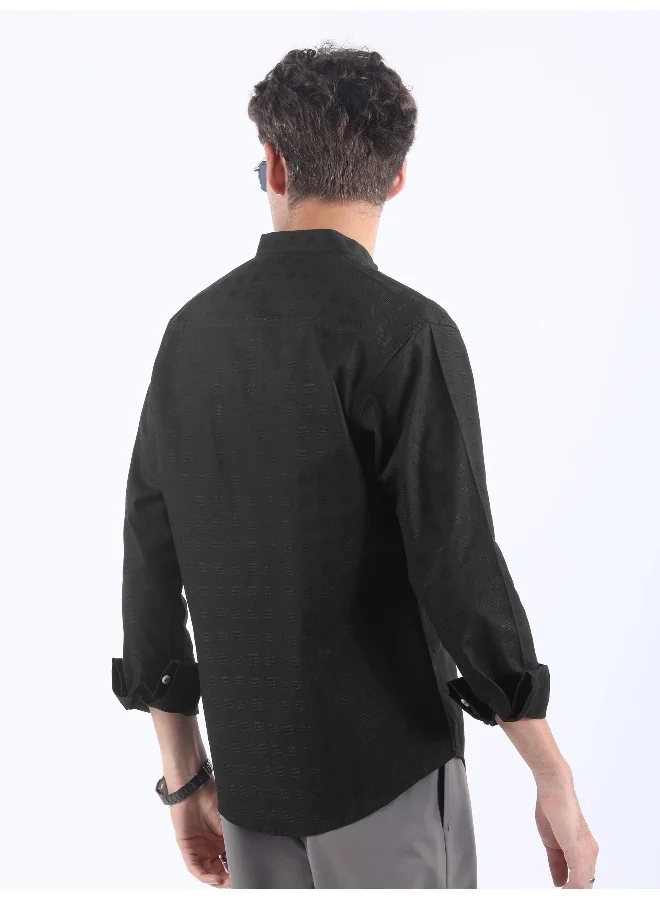 Beyoung Black Mandarin Collar Textured Shirt