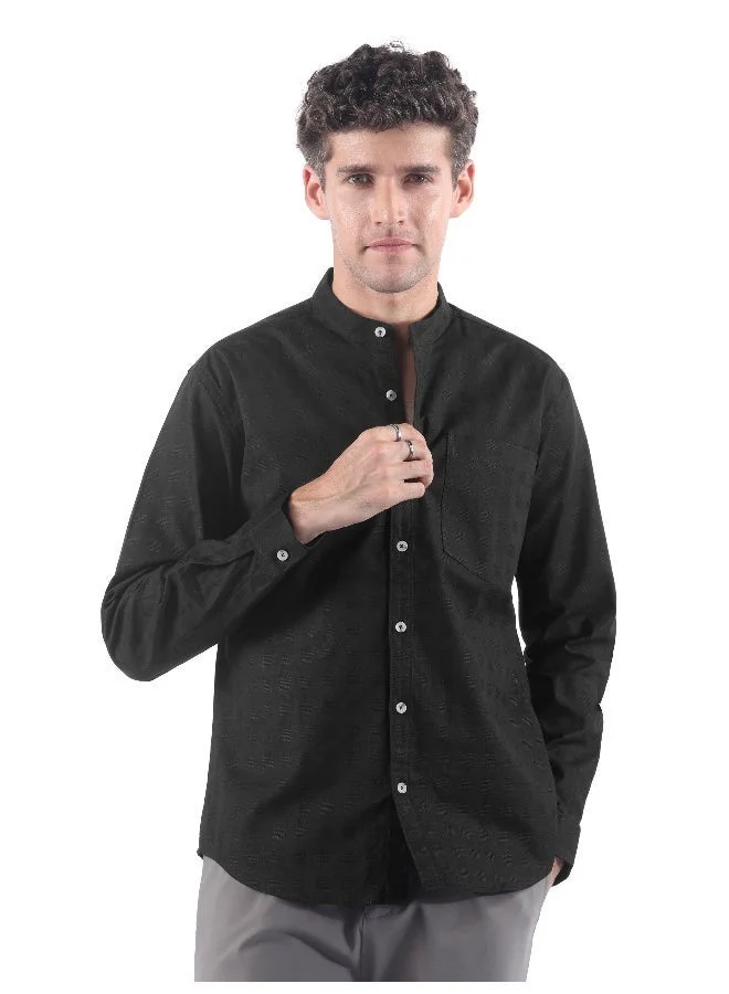 Beyoung Black Mandarin Collar Textured Shirt