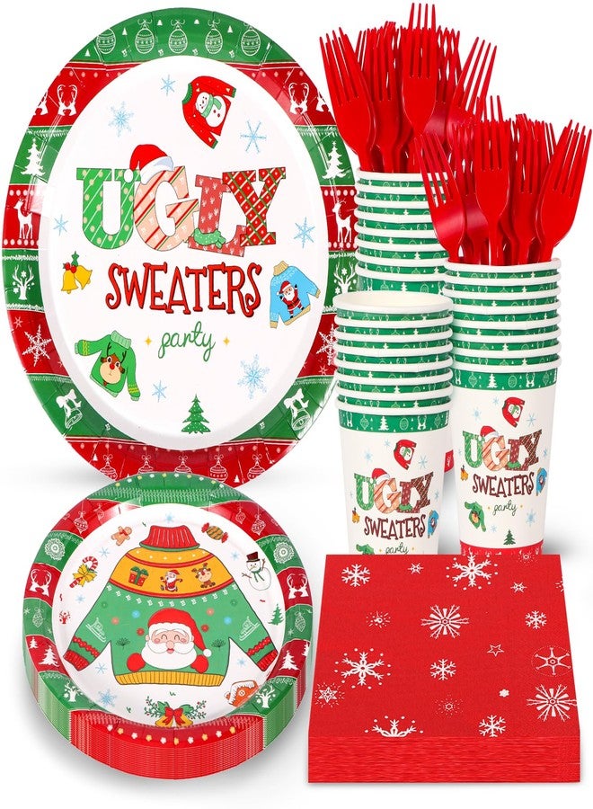 Atonofun Ugly Sweater Party Supplies, Ugly Sweater Plates and Napkins, Disposable Christmas Plates, Cups, Napkins and Forks for Christmas Party Decorations Serves 24 - Image 1