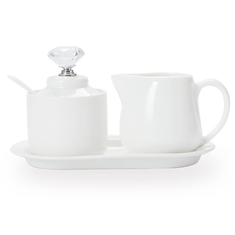 ONTUBE ONTUBE Porcelain Sugar and Creamer with tray and Crystal Lid Set of 4 Silver