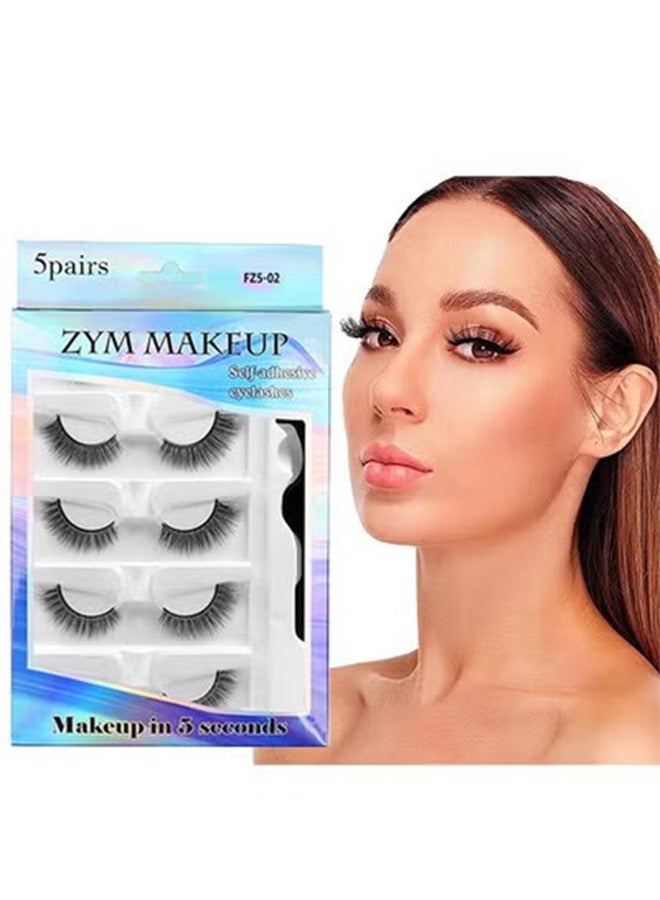 ZYM 5 Pairs Self Adhesive False Eyelashes, Reusable Self Adhesive Eyelashes Natural Look, No Glue Needed, Self Sticking Fake Lashes, Fake Eyelashes Kit with Tweezers, False Eyelashes for Beginners - Image 1