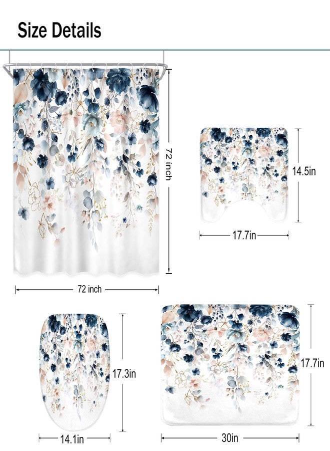 Ufeela 4 PCS Navy Blue Floral Flower Shower Curtain Set 72Wx72H Inch Watercolor Pastel Plant Complete Bathroom Set Non-Slip Bath Rug Toilet Lid Cover and U Shape Mat Accessories 12 Hooks Bathoom Decor - Image 4