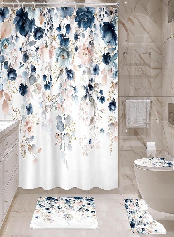 Ufeela 4 PCS Navy Blue Floral Flower Shower Curtain Set 72Wx72H Inch Watercolor Pastel Plant Complete Bathroom Set Non-Slip Bath Rug Toilet Lid Cover and U Shape Mat Accessories 12 Hooks Bathoom Decor - Image 3