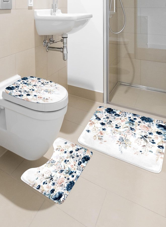 Ufeela 4 PCS Navy Blue Floral Flower Shower Curtain Set 72Wx72H Inch Watercolor Pastel Plant Complete Bathroom Set Non-Slip Bath Rug Toilet Lid Cover and U Shape Mat Accessories 12 Hooks Bathoom Decor - Image 2