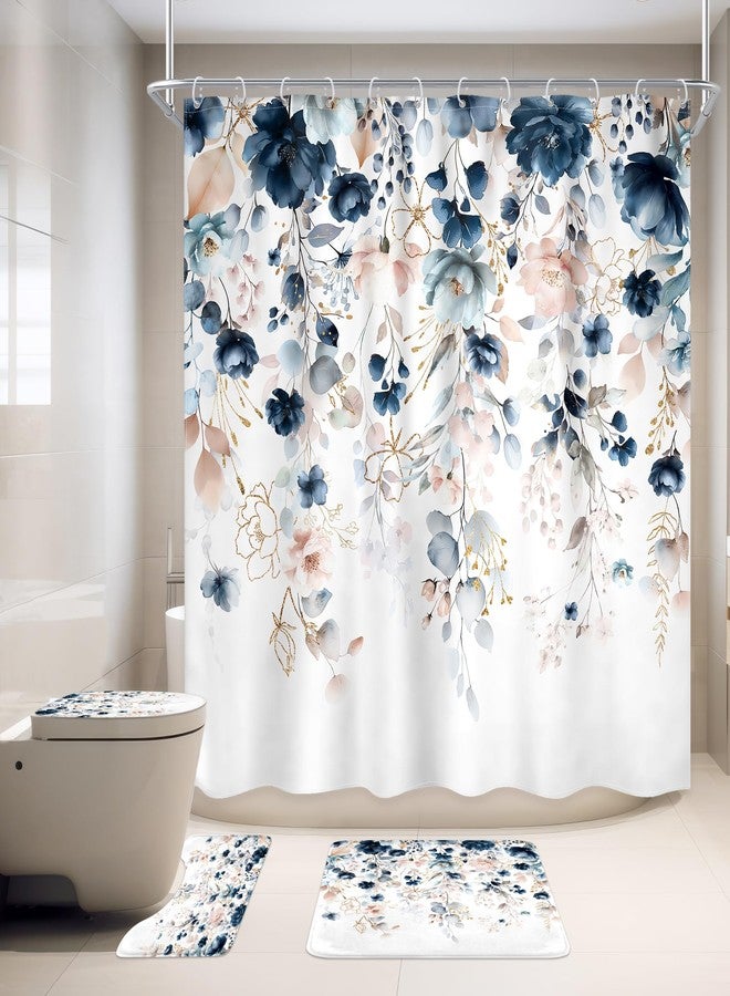 Ufeela 4 PCS Navy Blue Floral Flower Shower Curtain Set 72Wx72H Inch Watercolor Pastel Plant Complete Bathroom Set Non-Slip Bath Rug Toilet Lid Cover and U Shape Mat Accessories 12 Hooks Bathoom Decor - Image 1