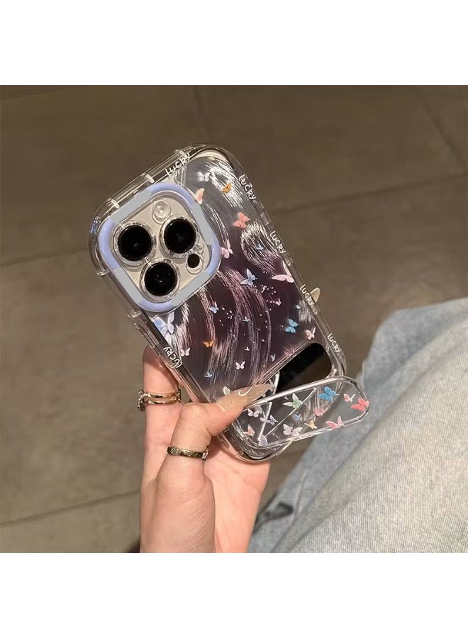 Temu A transparent phone case decorated with glittery butterflies, featuring a built-in stand for phone mounting. Made of durable, shock- and scratch-resistant material. Compatible with iPhone 16 Pro. - Image 1