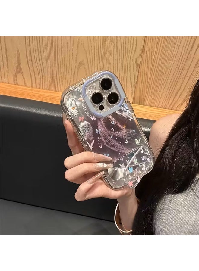 Temu A transparent phone case decorated with glittery butterflies, featuring a built-in stand for phone mounting. Made of durable, shock- and scratch-resistant material. Compatible with iPhone 16 Pro. - Image 2