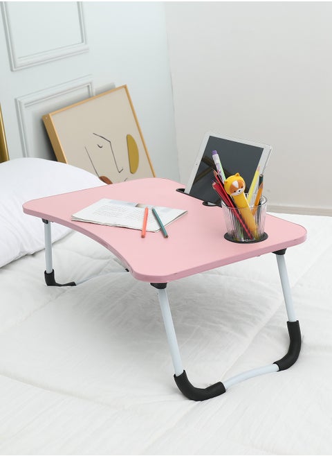 Foldable Laptop Desk - Pink - Portable Bed Table with Cup Holder and Adjustable, Ergonomic, Compact, and Space-Saving Design - Ideal for Working, Writing, Studying, and Drawing