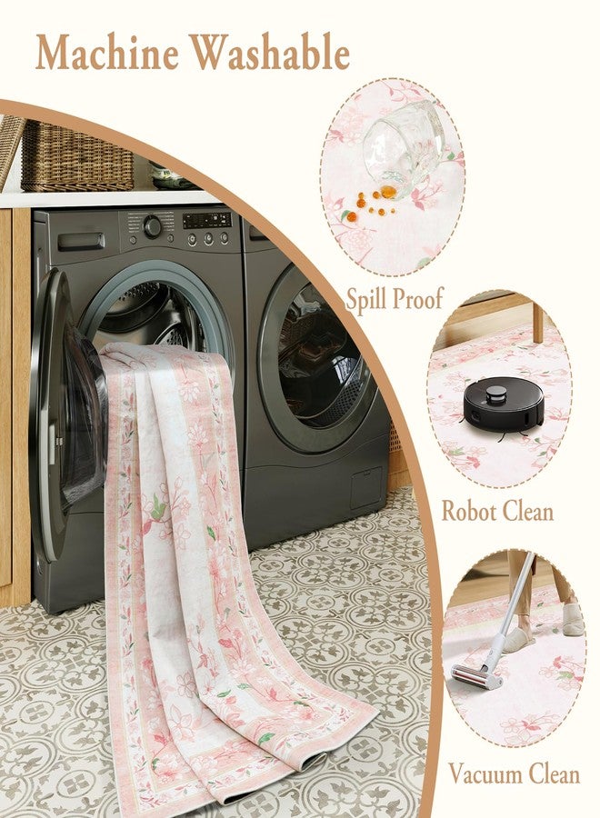 لايف بوكس سجادة مدخل قابلة للغسل من لايف بوكس، بنقشة زهور وردية، مقاس 2×3، سجادة حمام بوهيمية، سجادة ناعمة مانعة للانزلاق لغرفة النوم، سجادة صغيرة رقيقة جدًا بنقشة زهور للمدخل، سجادة باب داخلية للمطبخ بجانب السرير، لون وردي - Image 5