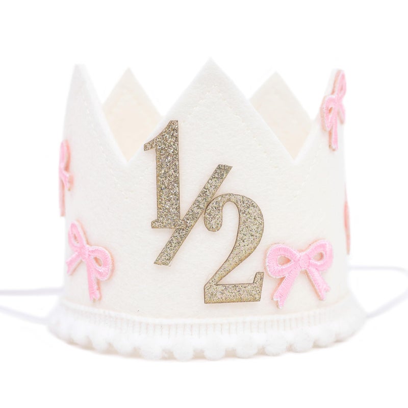 Jissoo Bow 1/2 Birthday Crown - 6 Months Birthday Decorations,Little Princess Crown for Cake Smash,Sweet Hat Photo Props,Pink Bow Half Way to One Decoration - Image 1