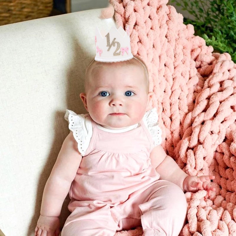 Jissoo Bow 1/2 Birthday Crown - 6 Months Birthday Decorations,Little Princess Crown for Cake Smash,Sweet Hat Photo Props,Pink Bow Half Way to One Decoration - Image 2