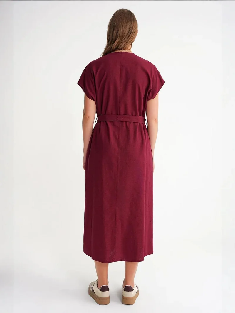 MixRay Burgundy Red Mixray Belted Shirt Dress for Women | Best Price UAE