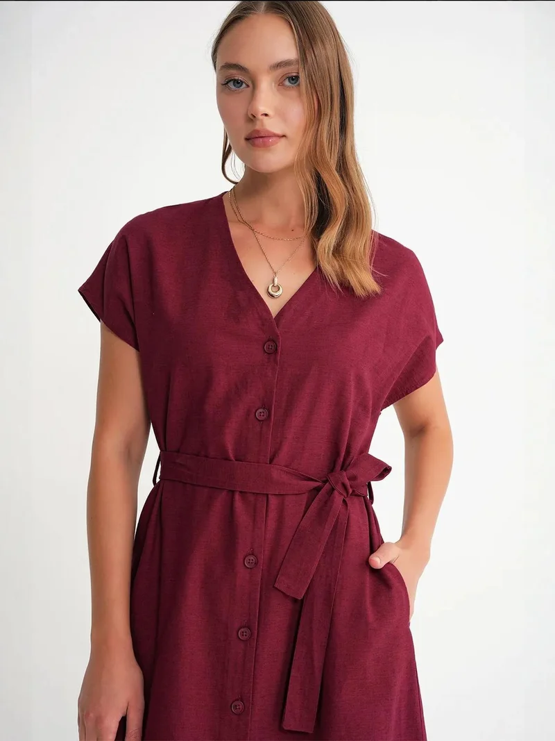 MixRay Burgundy Red Mixray Belted Shirt Dress for Women | Best Price UAE