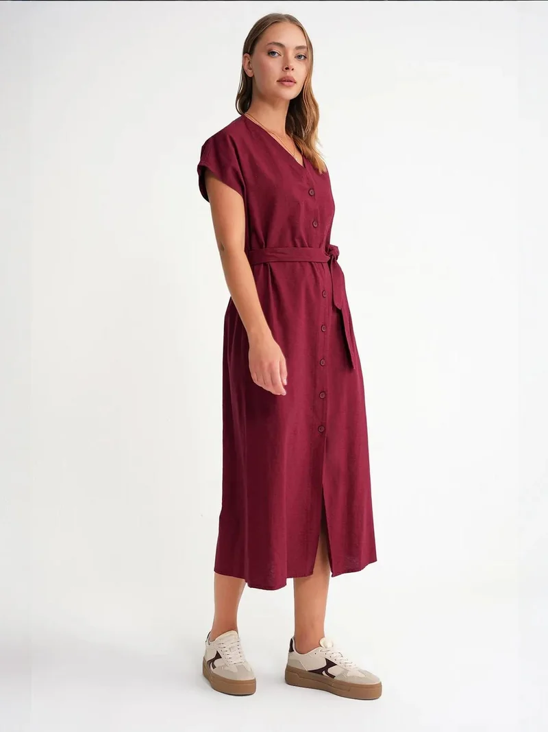 MixRay Burgundy Red Mixray Belted Shirt Dress for Women | Best Price UAE